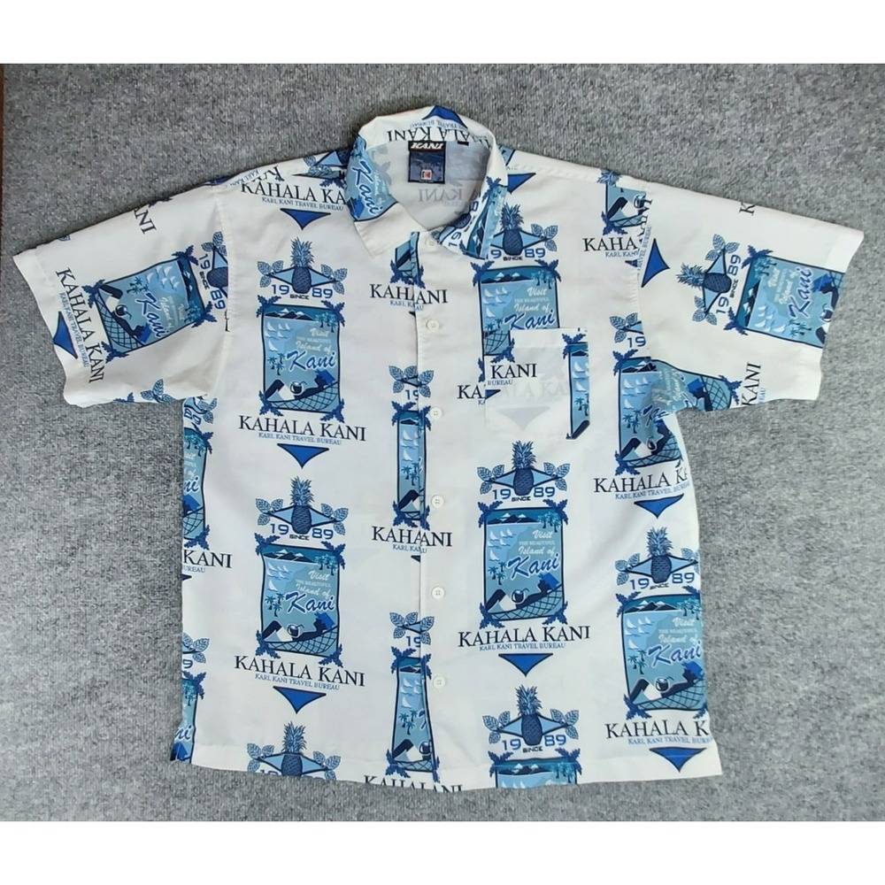 KAHALA x KANI Hawaiian Aloha Shirt Men's XL Travel Bureau "Island of Kani" White